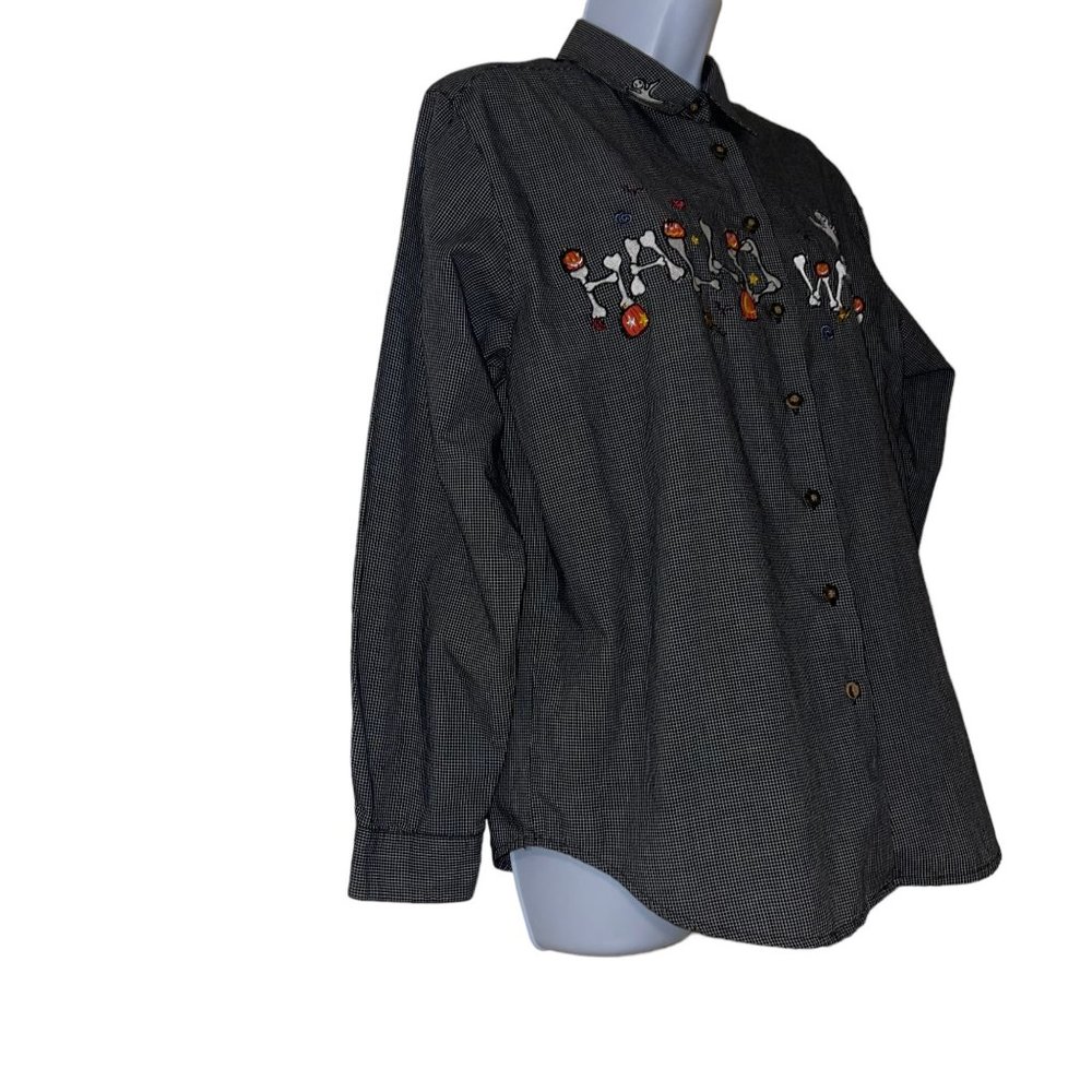 Vintage Karen Scott Halloween Bones Shirt Womens M Gothic Bones Ghost Check - Picture 4 of 9